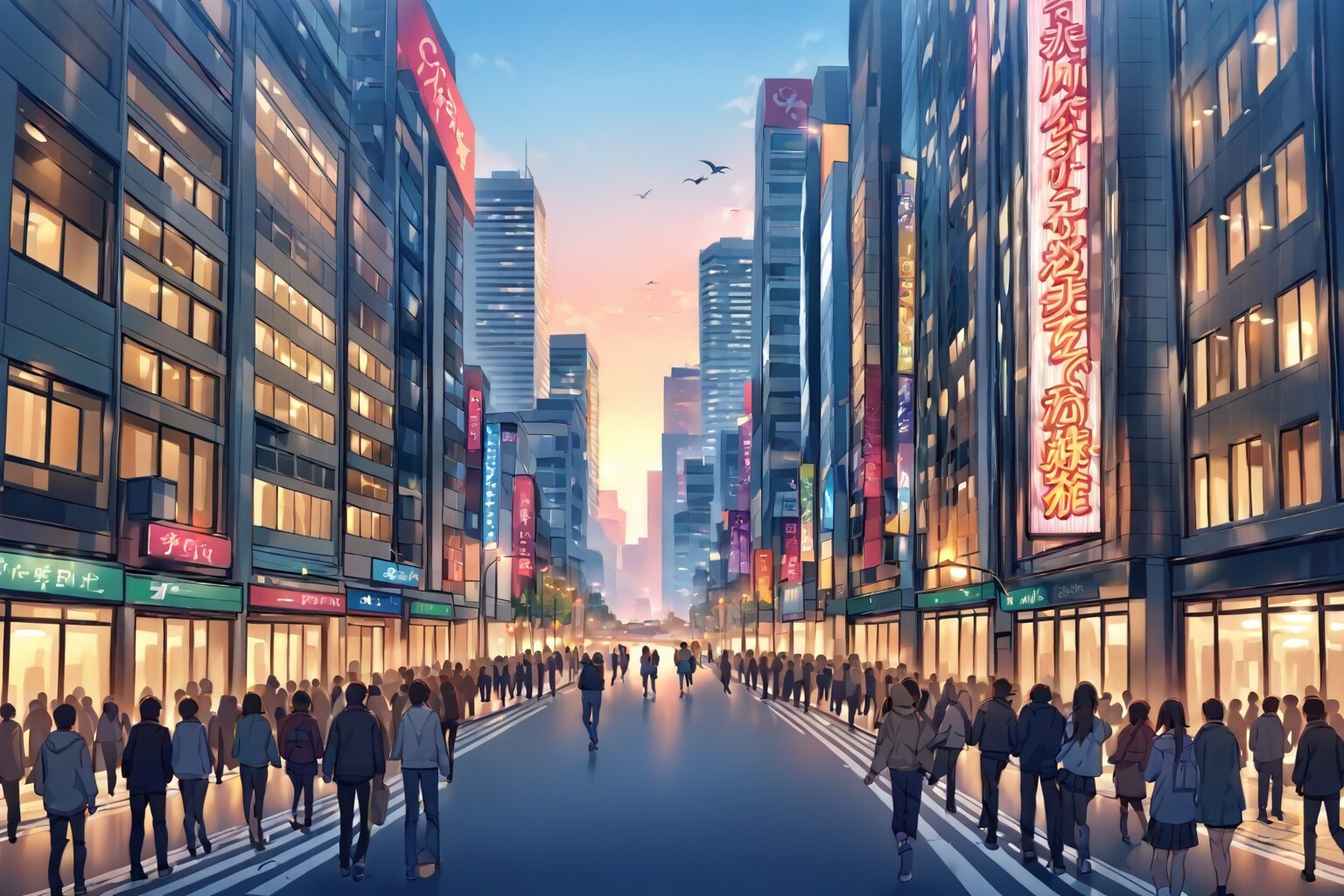 高いビル群が混み合った大都会の眩しい街明かりと古ぼけた安アパート群の犇めく街を俯瞰で描画する