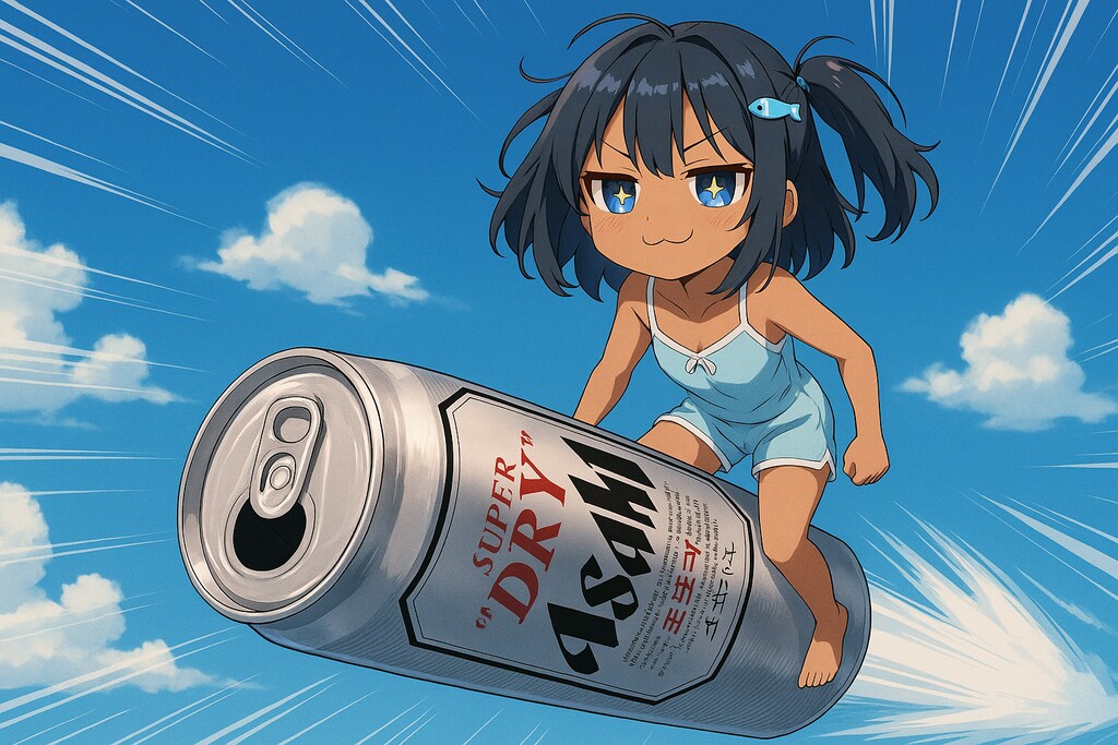 投げたビール缶に乗って移動するこなつちゃん