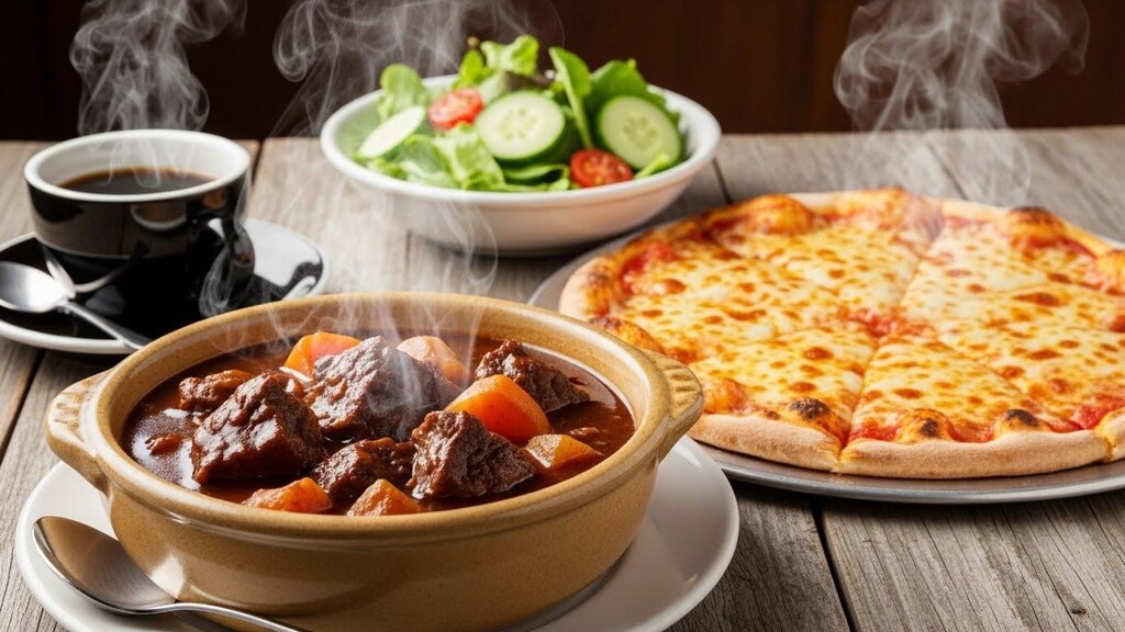 摩訶不思議食堂のビーフシチューとピザのセットサラダ付き