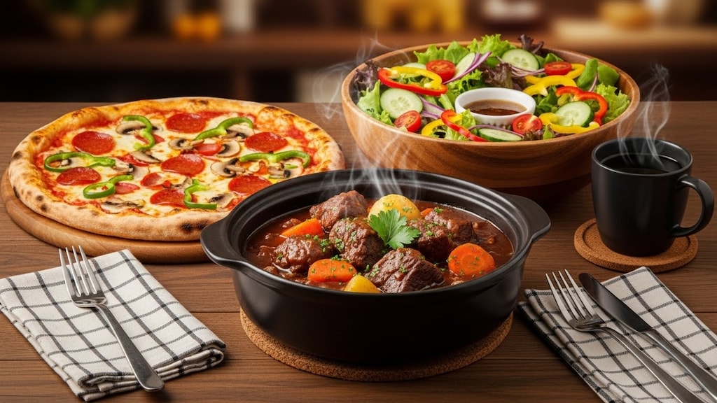 摩訶不思議食堂のビーフシチューとピザのセットサラダ付き