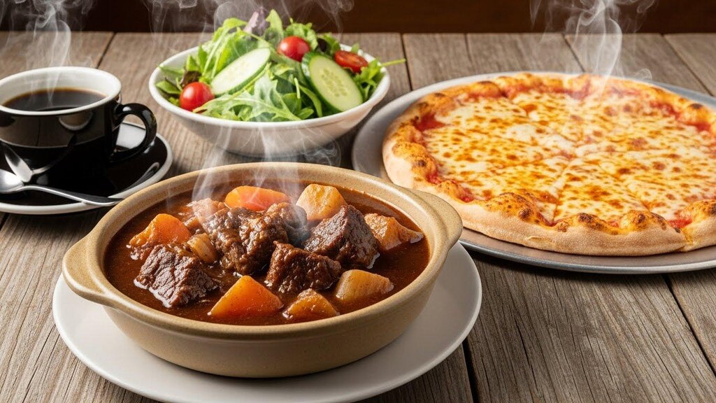 摩訶不思議食堂のビーフシチューとピザのセットサラダ付き