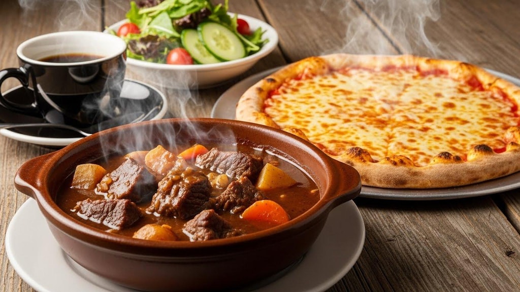 摩訶不思議食堂のビーフシチューとピザのセットサラダ付き