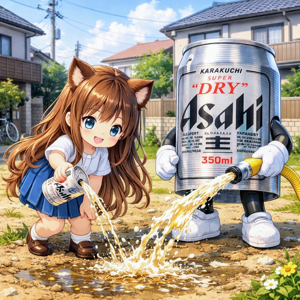 地面にビールを撒く会の小さな女の子