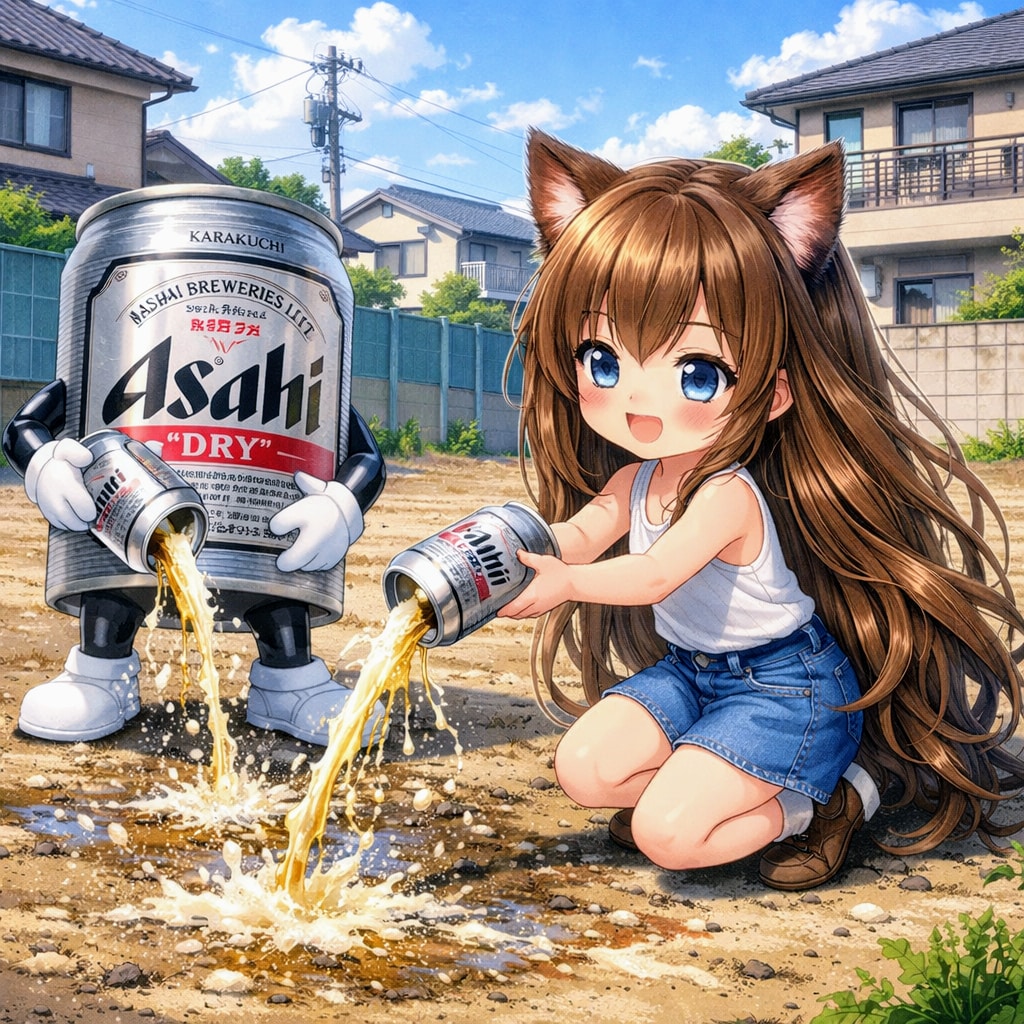 地面にビールを撒く会の小さな女の子 | の人気AIイラスト・グラビア