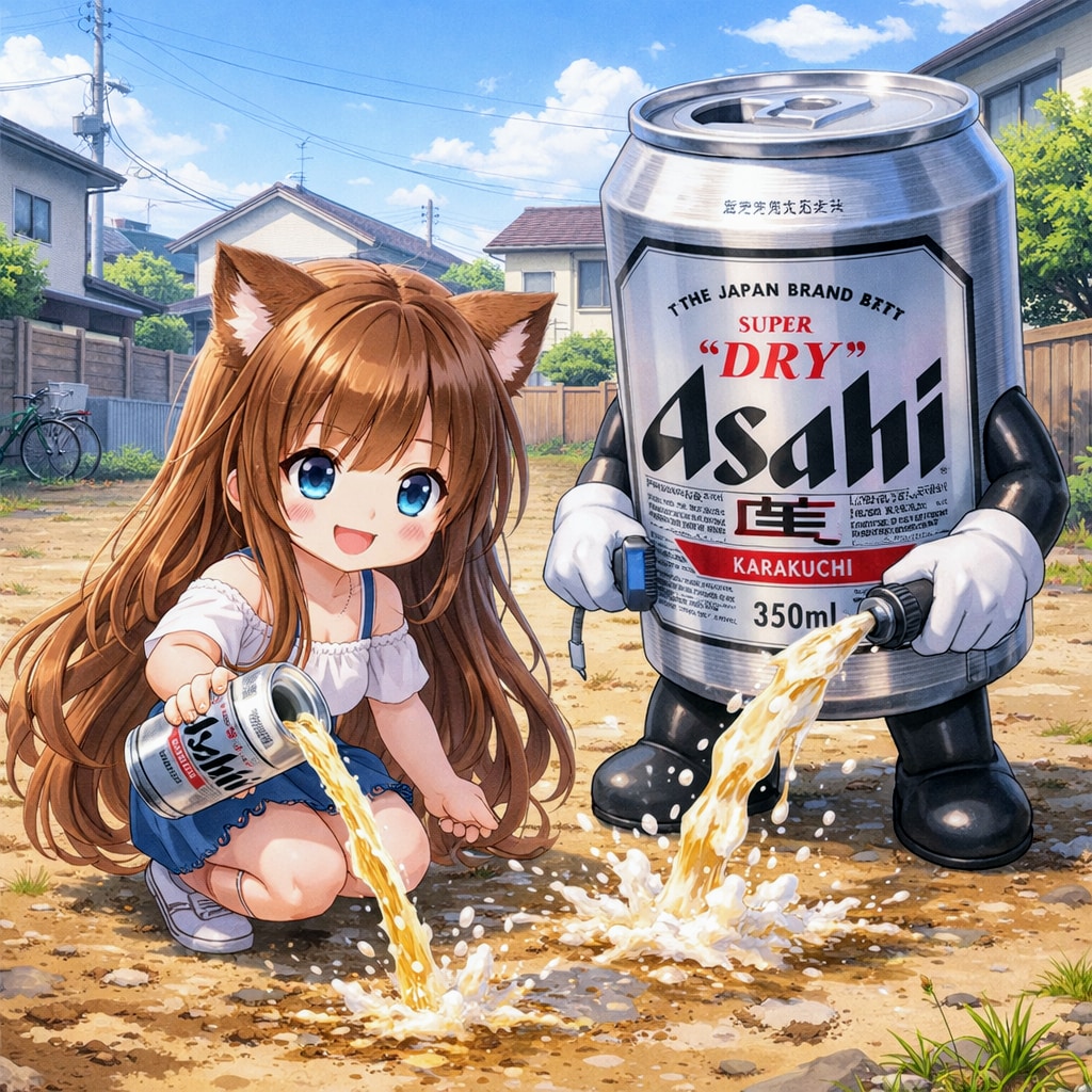 地面にビールを撒く会の小さな女の子