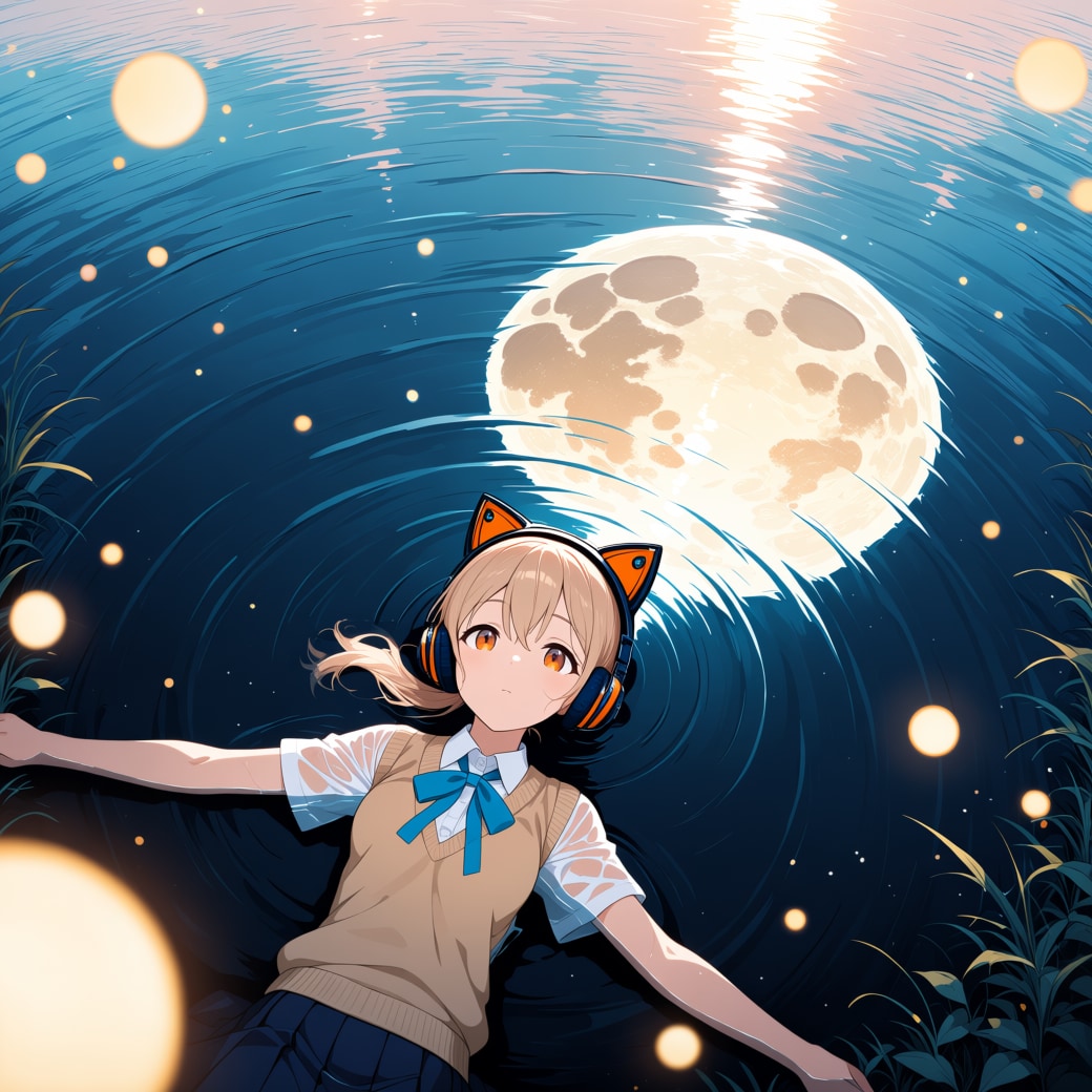 蛍と水面の月