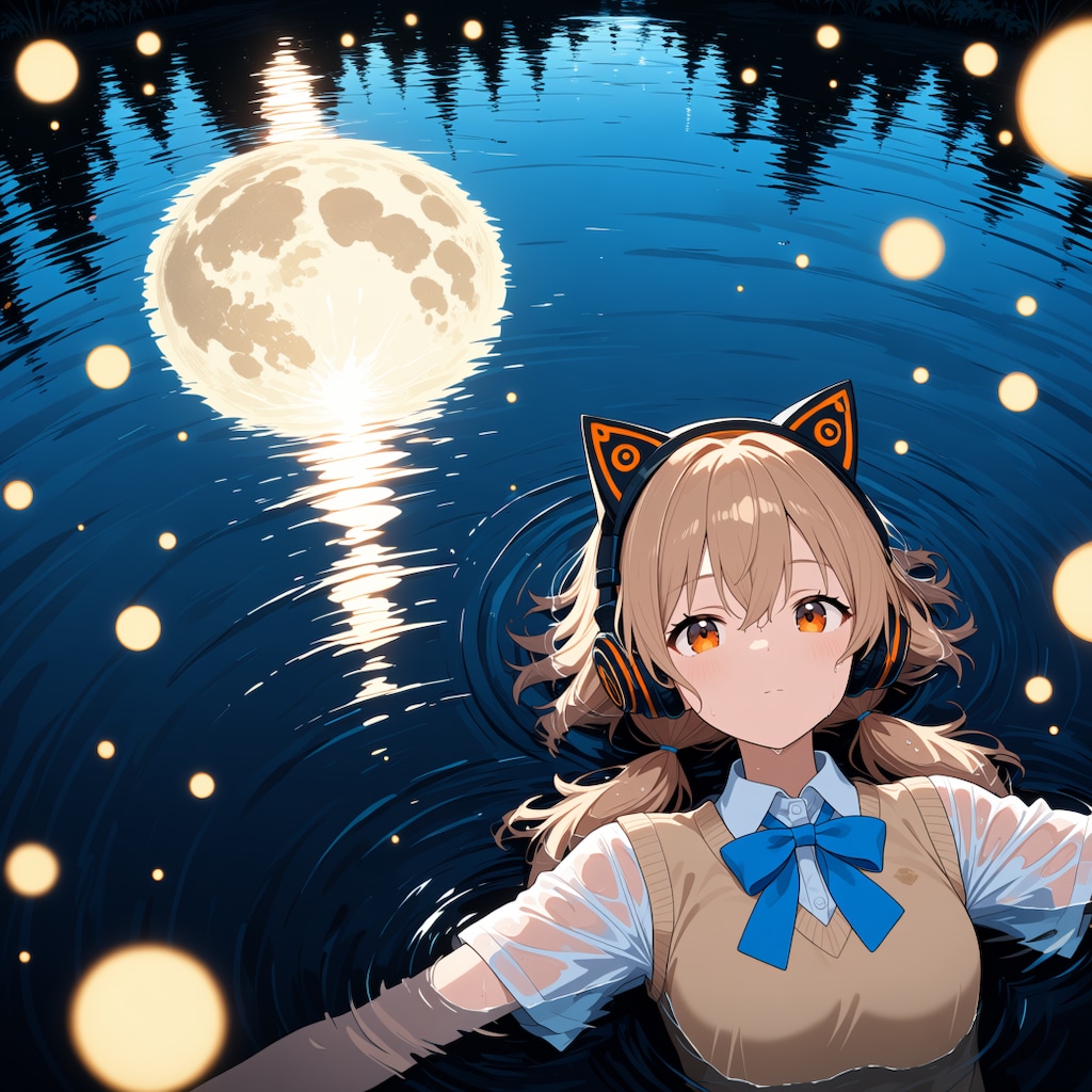 蛍と水面の月