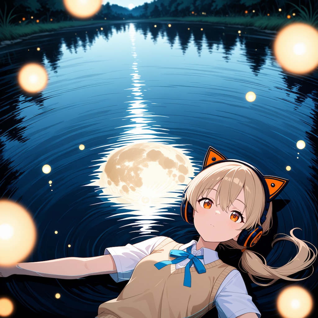 蛍と水面の月