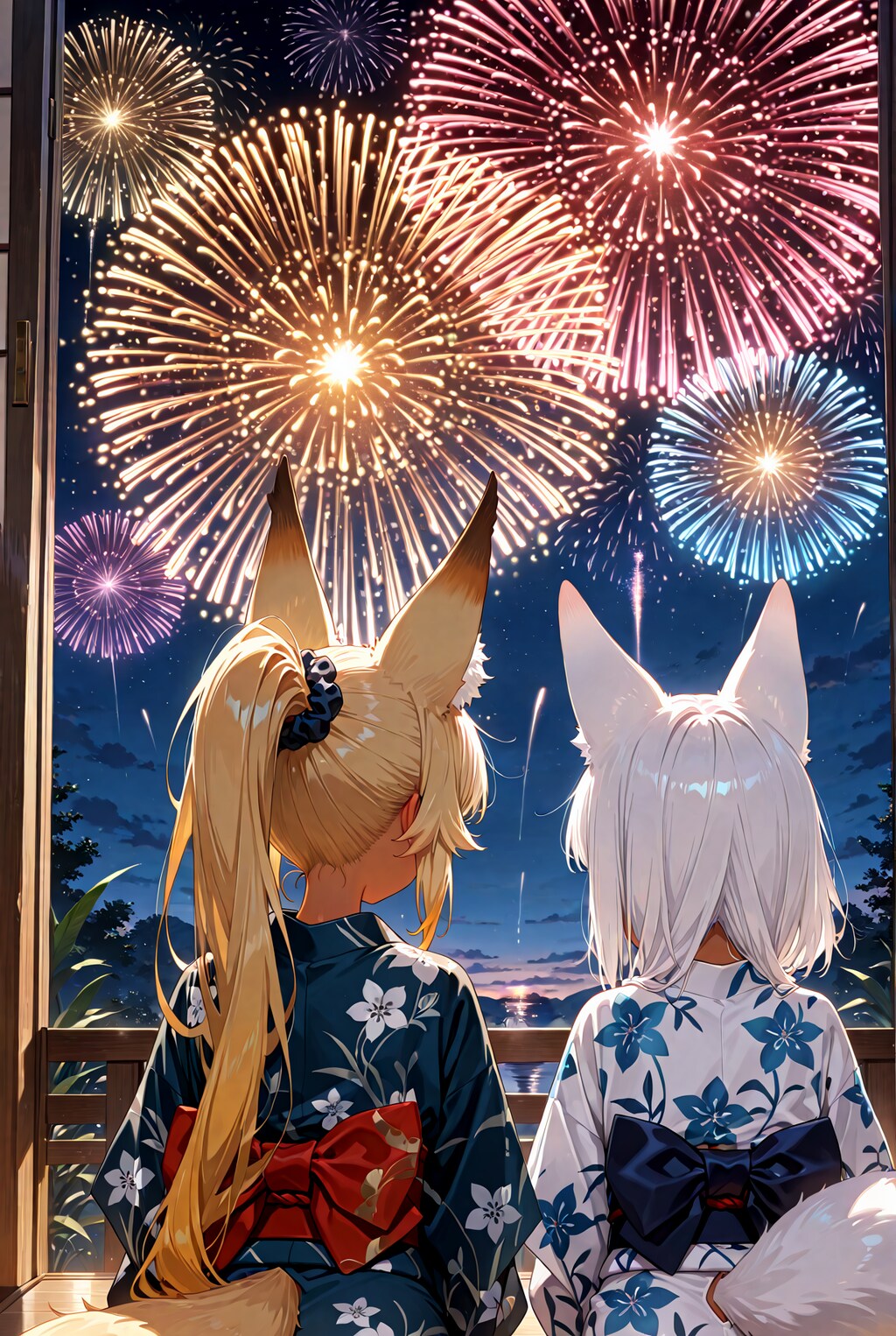 花火を見る金狐と白狐ちゃん