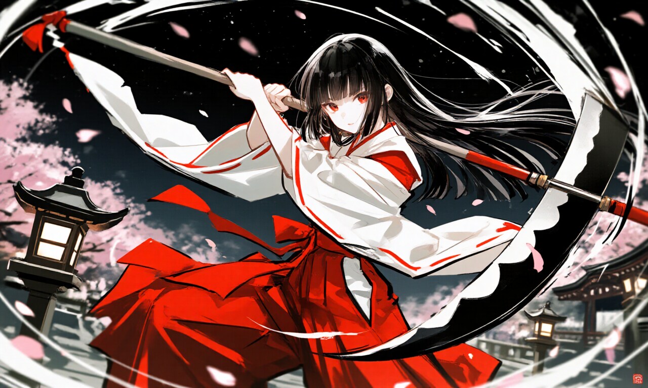 大鎌女子　墨絵風