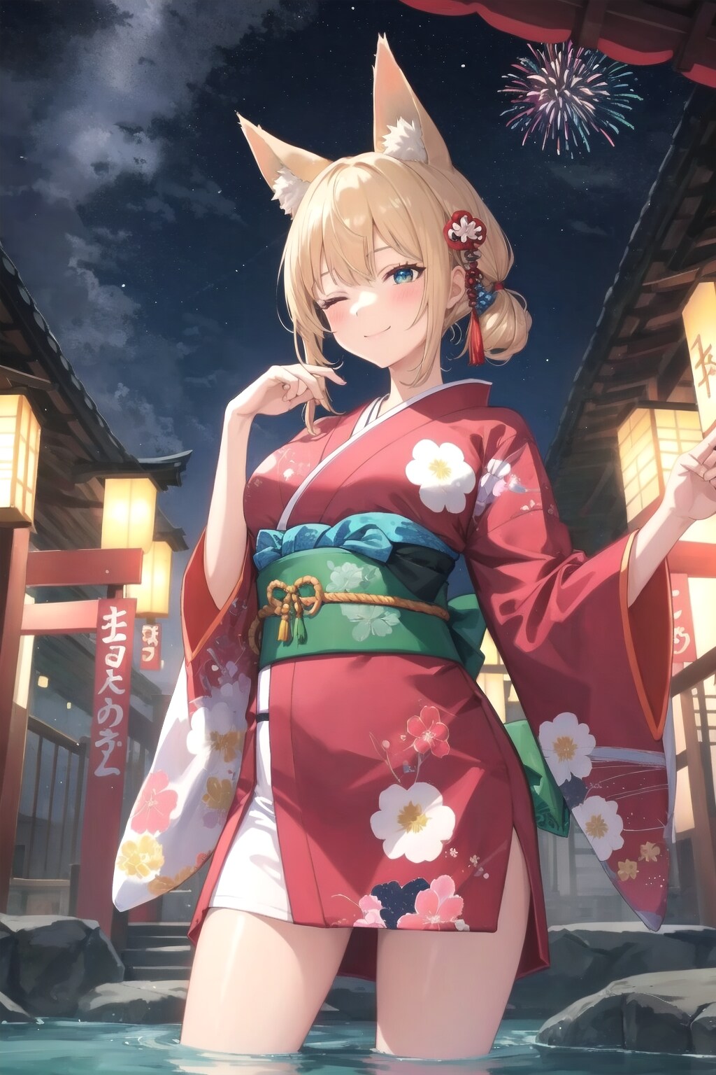 足湯に浸かるオキツネ様 | の人気AIイラスト・グラビア