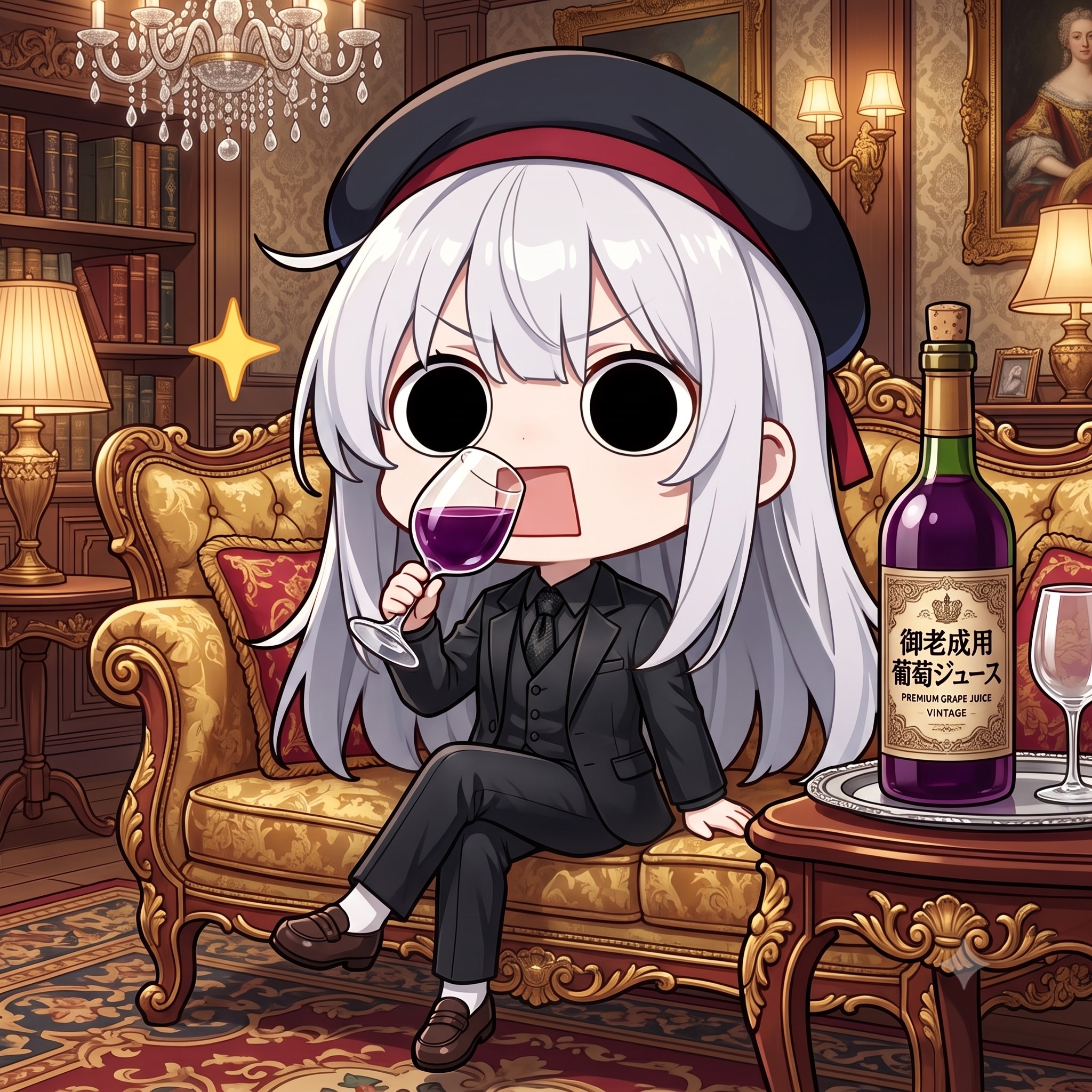 スーツで葡萄ジュースを飲むえらいこっちゃ嬢