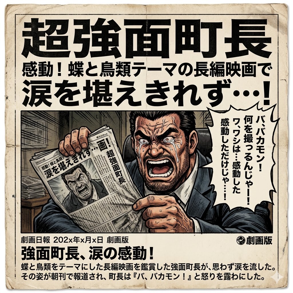 超強面町長、蝶と鳥類テーマの長編映画で感動し朝刊で報道