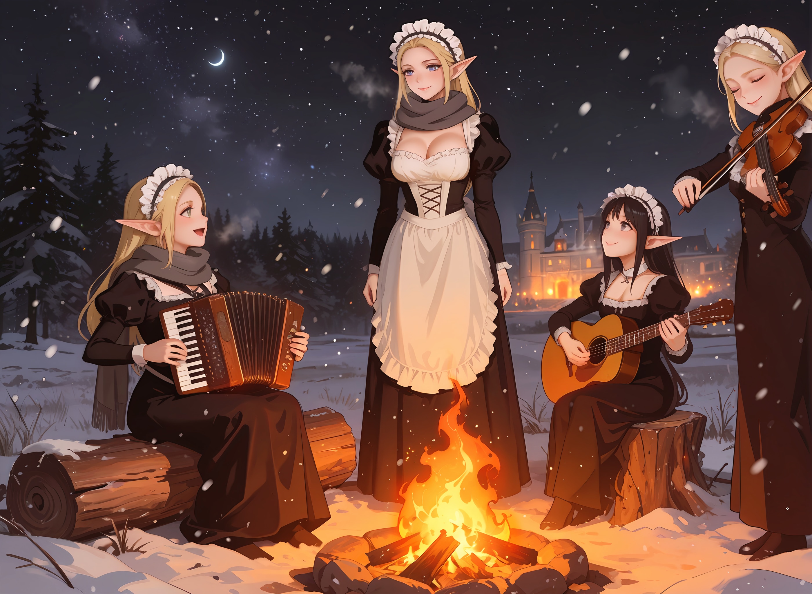 帰りが遅いエルフメイドさん達を迎えに来たメイド長 | の人気AIイラスト・グラビア