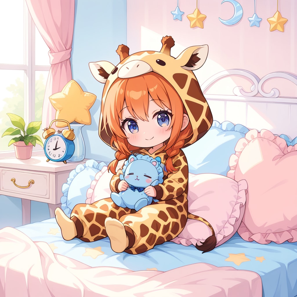 ベッドでまったりキリン着ぐるみちび子ちゃん