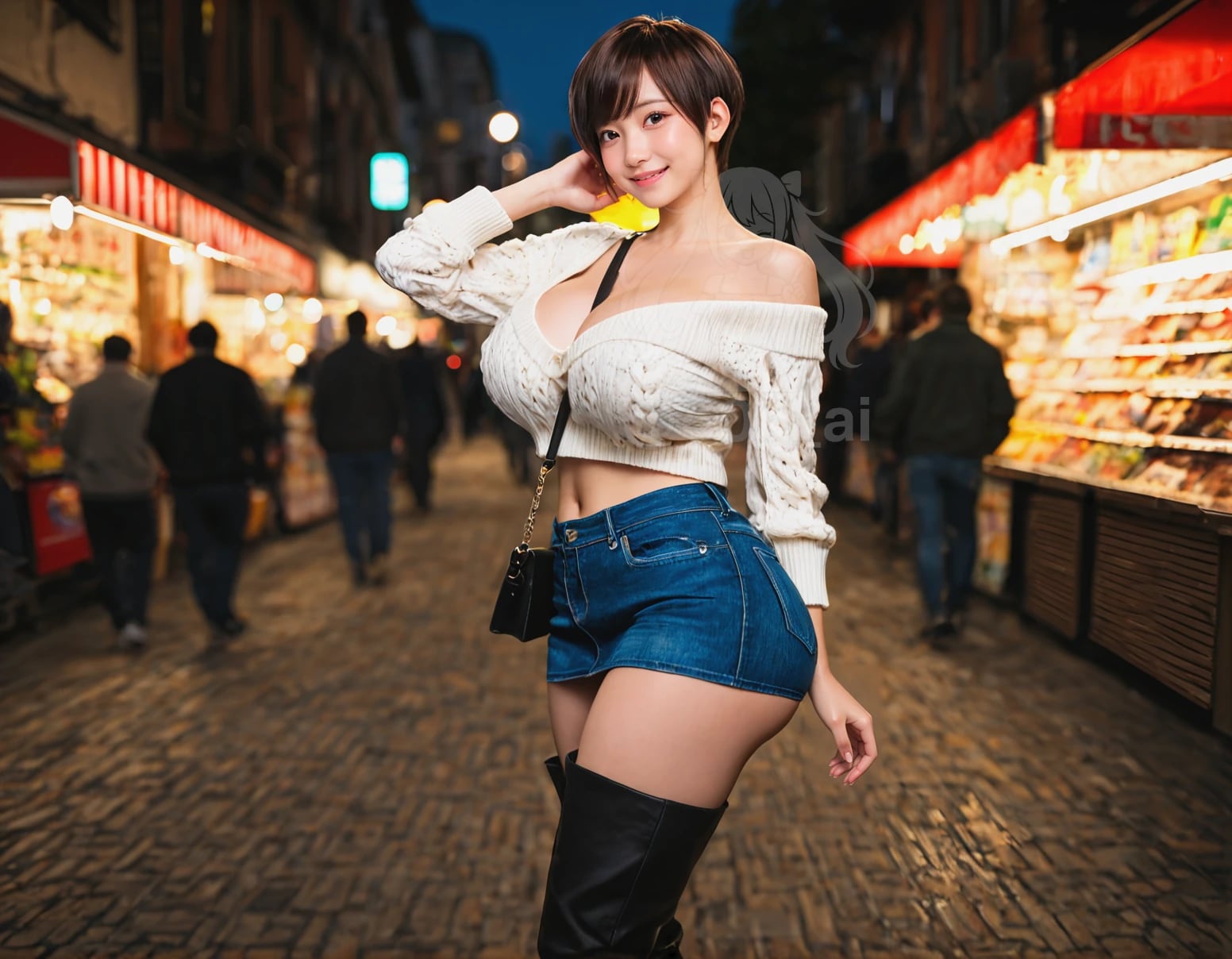 オフショルニットセーター＋マイクロミニデニスカのつばさちゃん