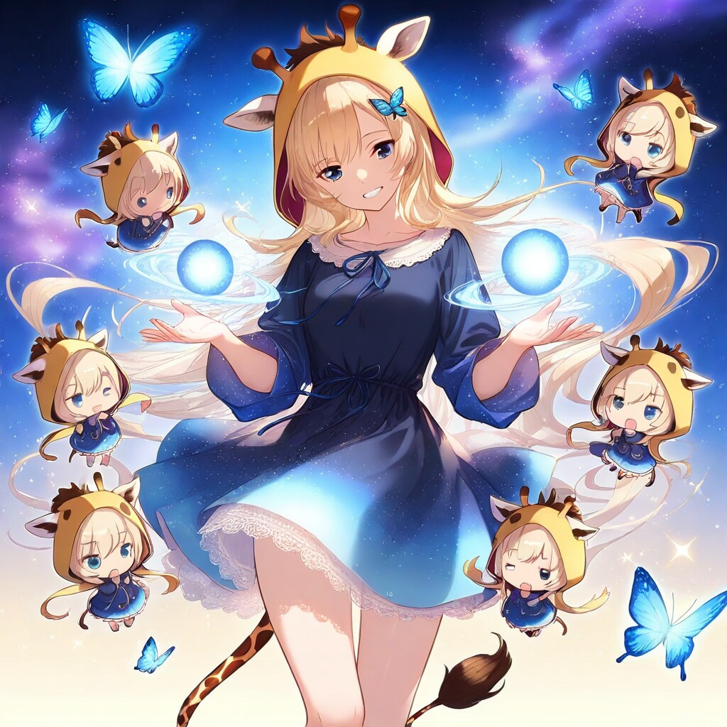 魔法の蝶とアニマルフーディーちび子ちゃんとキリン着ぐるみミニちびちゃんたち