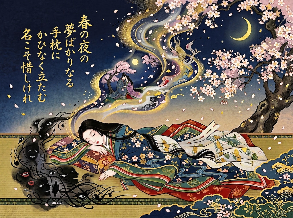 春の夜の夢ばかりなる手枕に かひなく立たむ名こそ惜しけれ