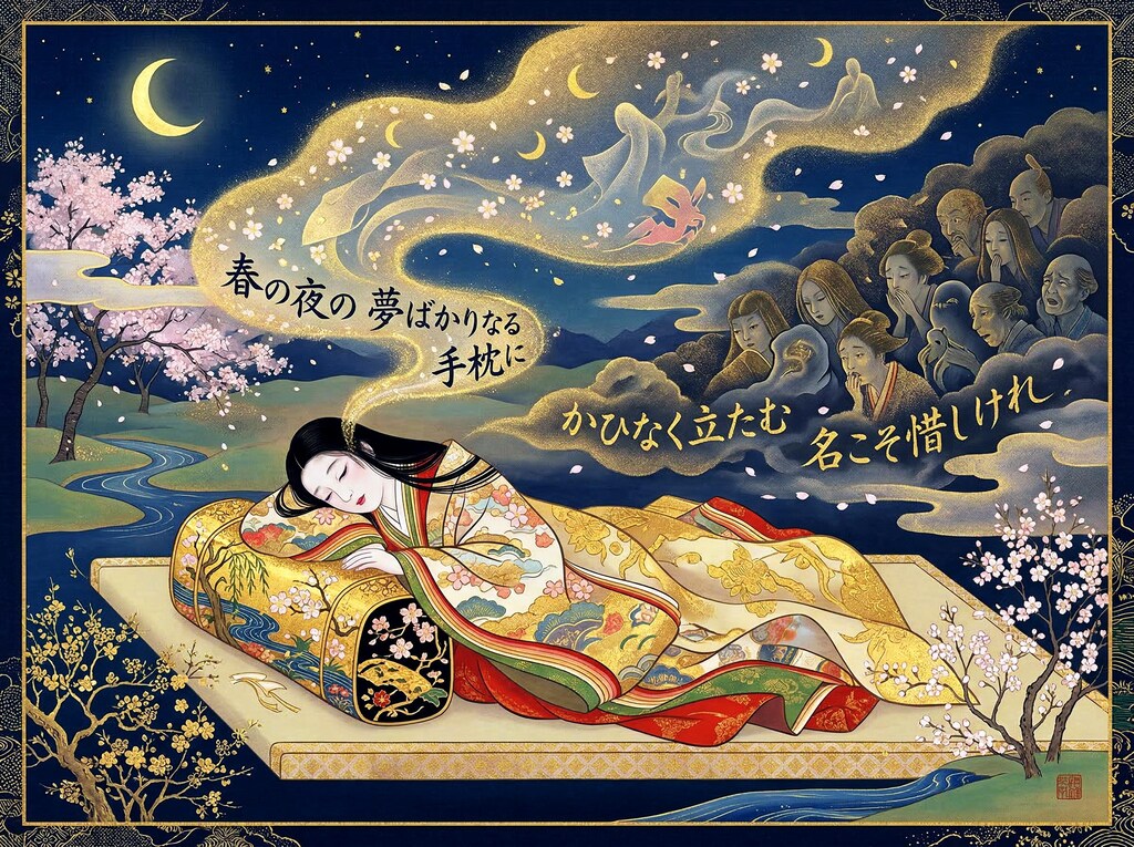 春の夜の夢ばかりなる手枕に かひなく立たむ名こそ惜しけれ
