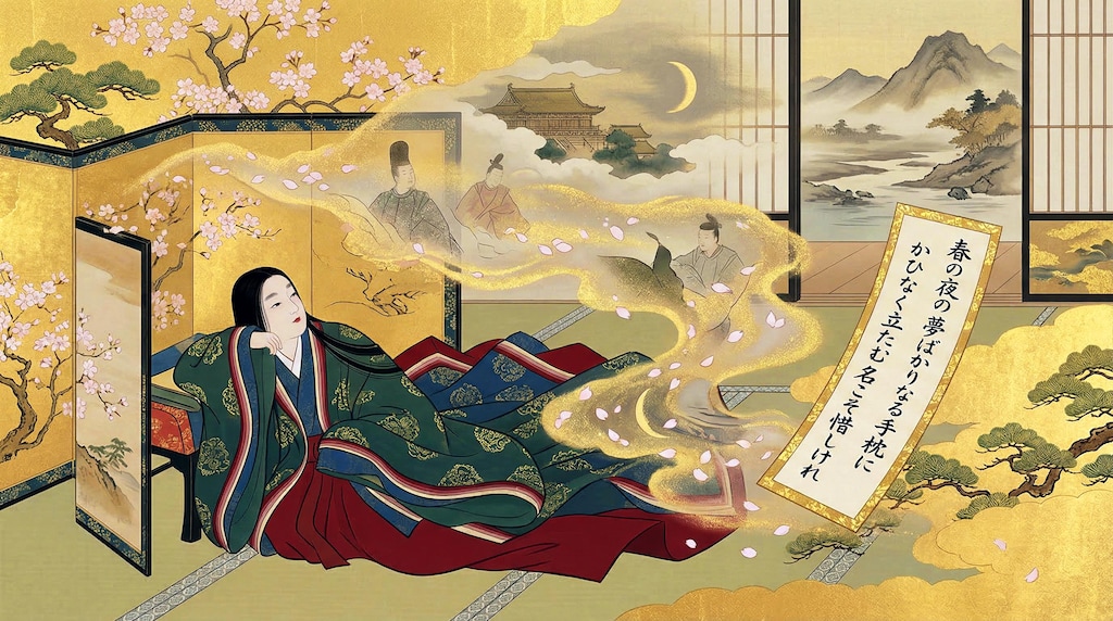 春の夜の夢ばかりなる手枕に かひなく立たむ名こそ惜しけれ