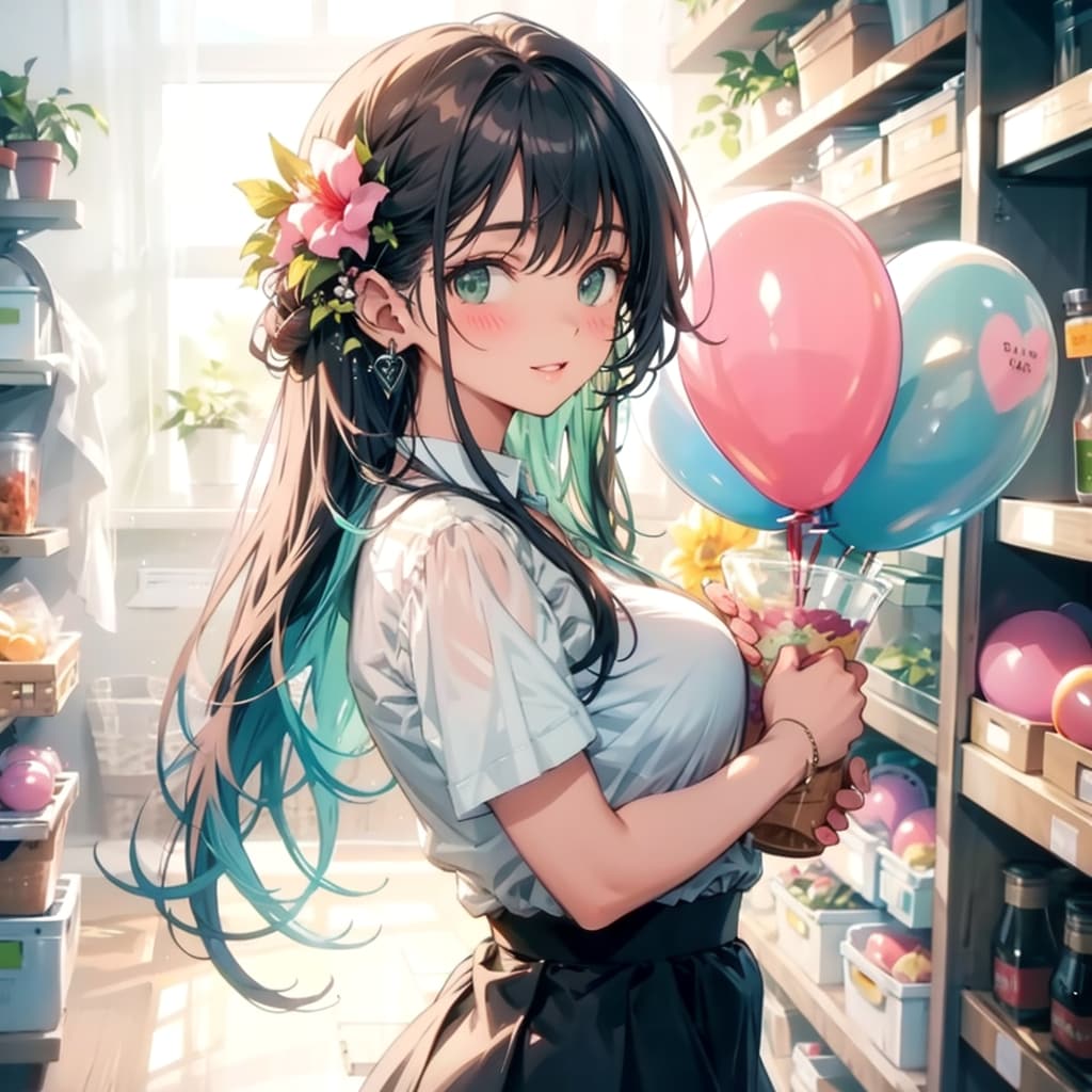 いっぱい色とりどりの風船を持つお花屋さんの美女 | の人気AIイラスト・グラビア