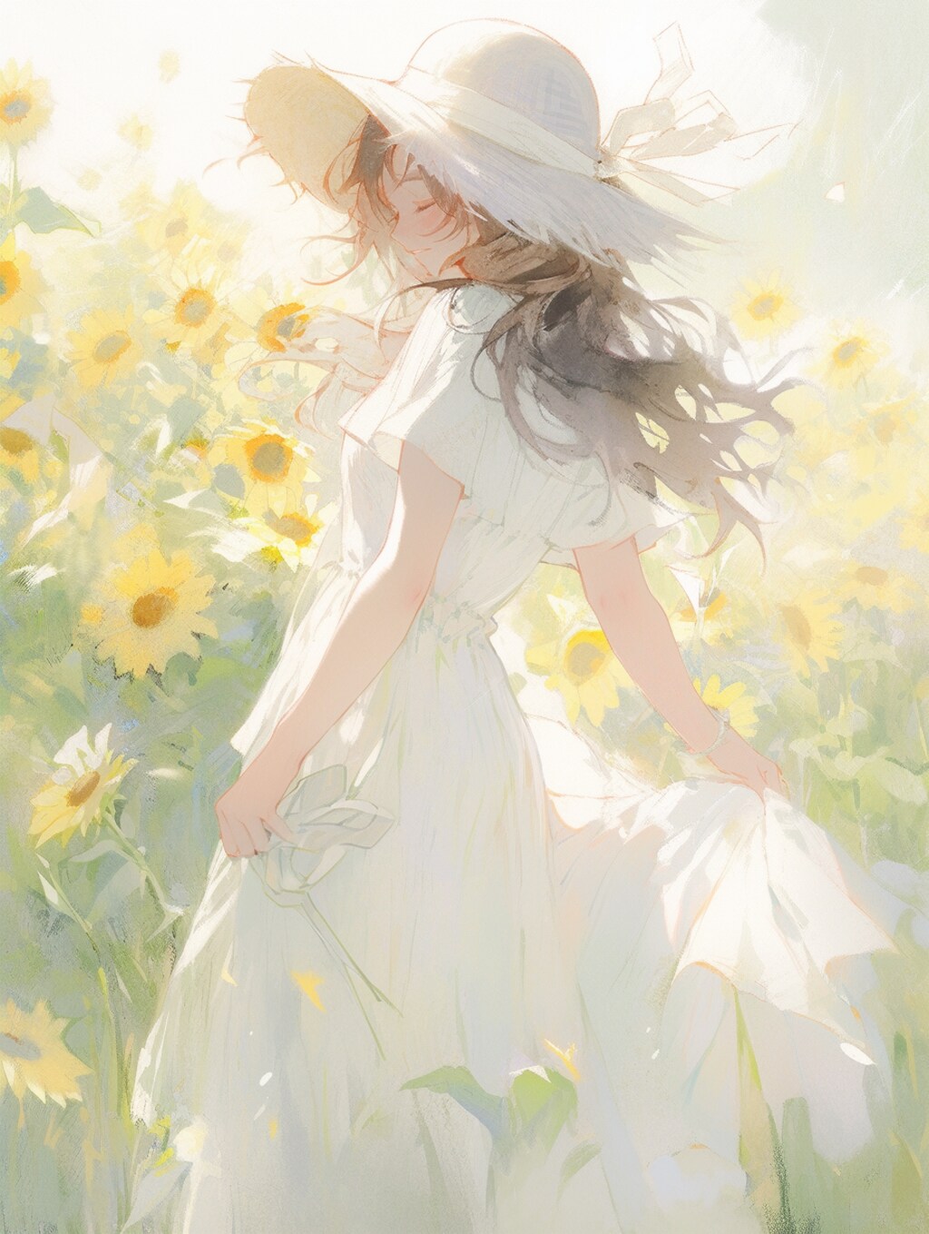 ひまわり畑の風に舞う