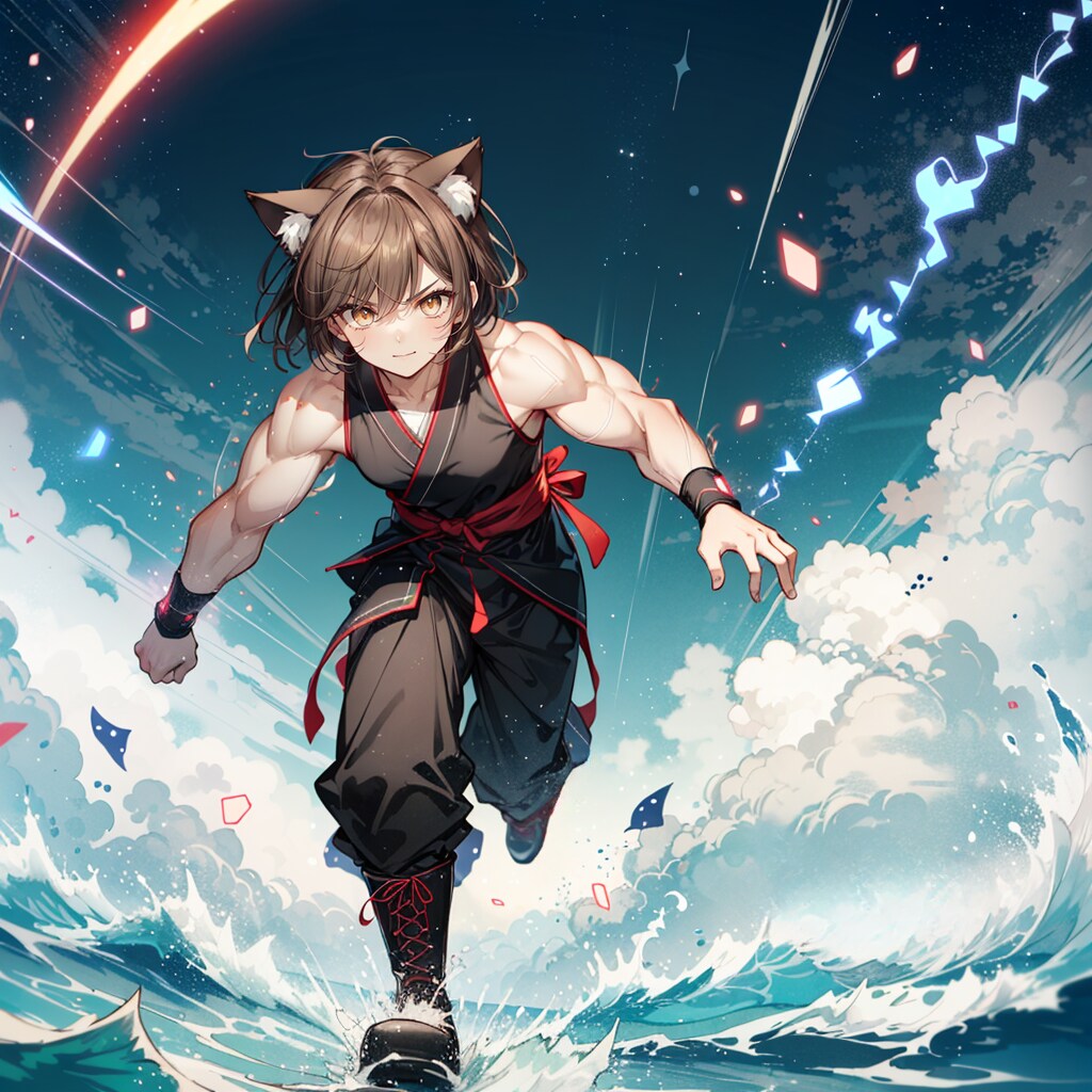 夏の海を水面走りする猫拳法の達人なる猫娘