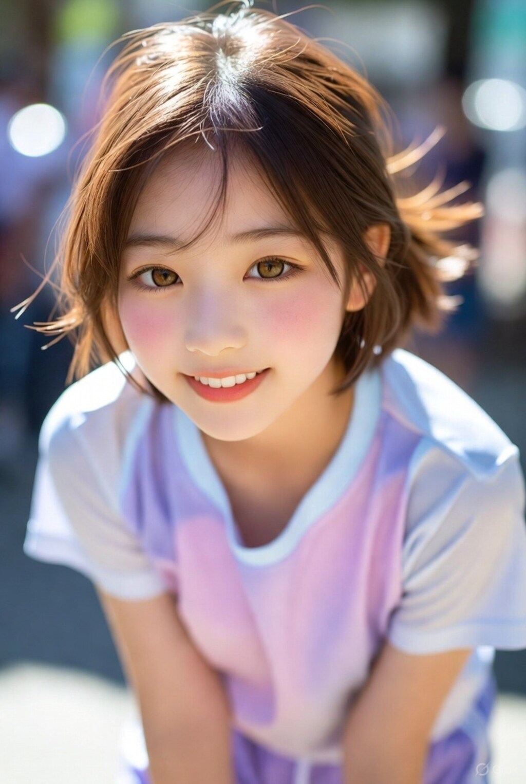 茶髪ボブでＴシャツの美女