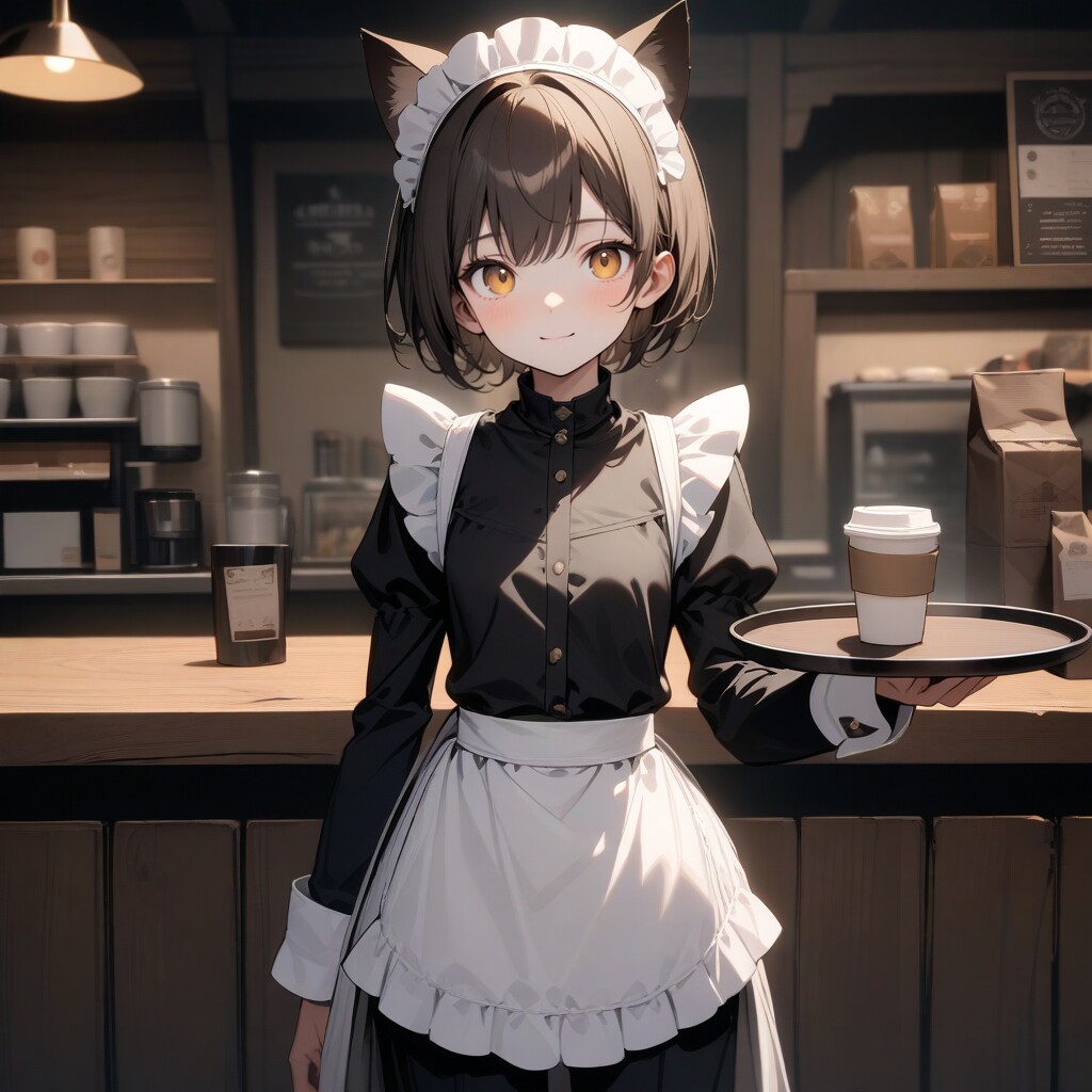 ホールで珈琲を運ぶ喫茶店で働く猫娘