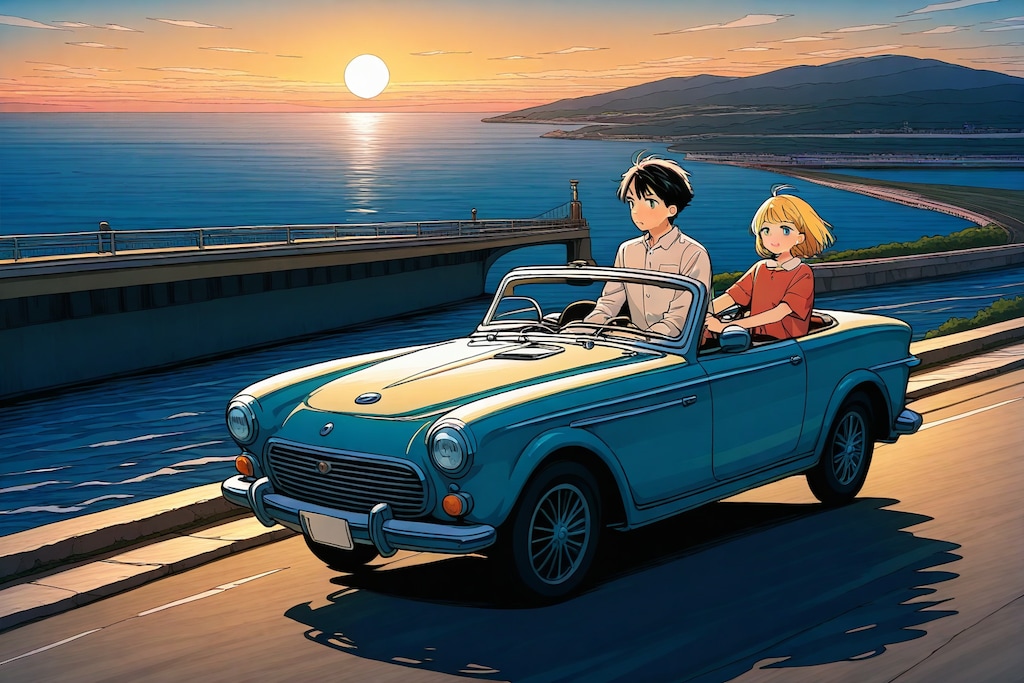 海と夕日とオープンカー
