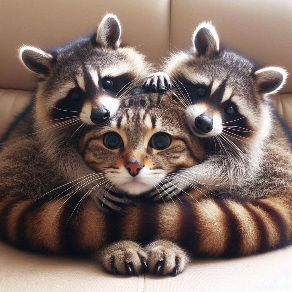 アライグマに絡まれる猫