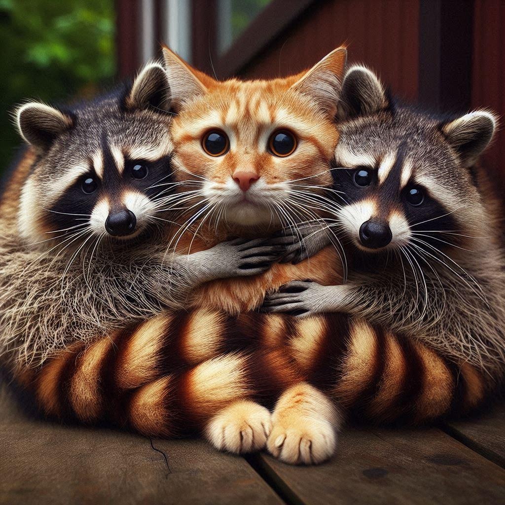 アライグマに絡まれる猫