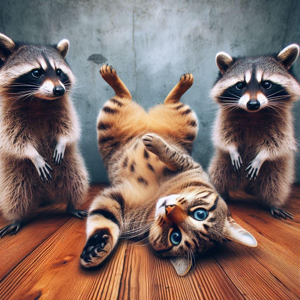 アライグマに絡まれる猫