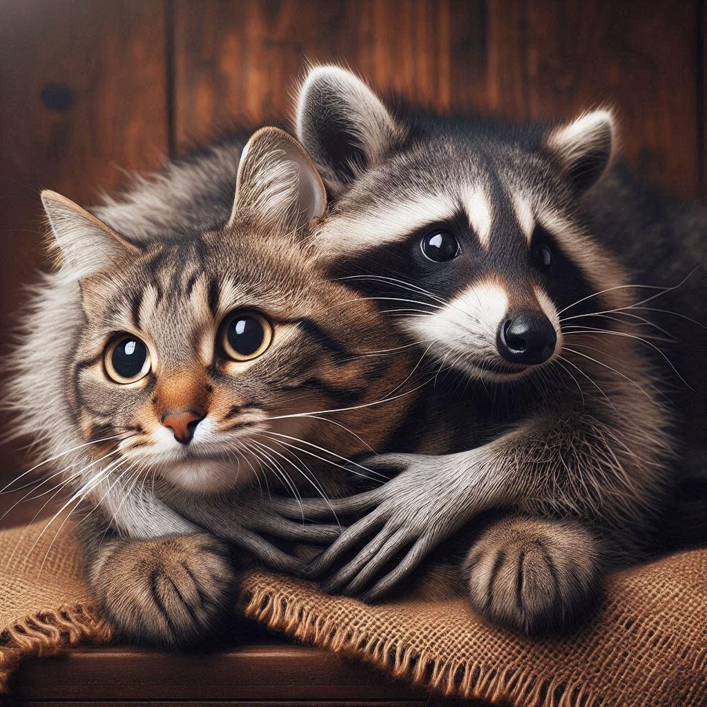 アライグマに絡まれる猫