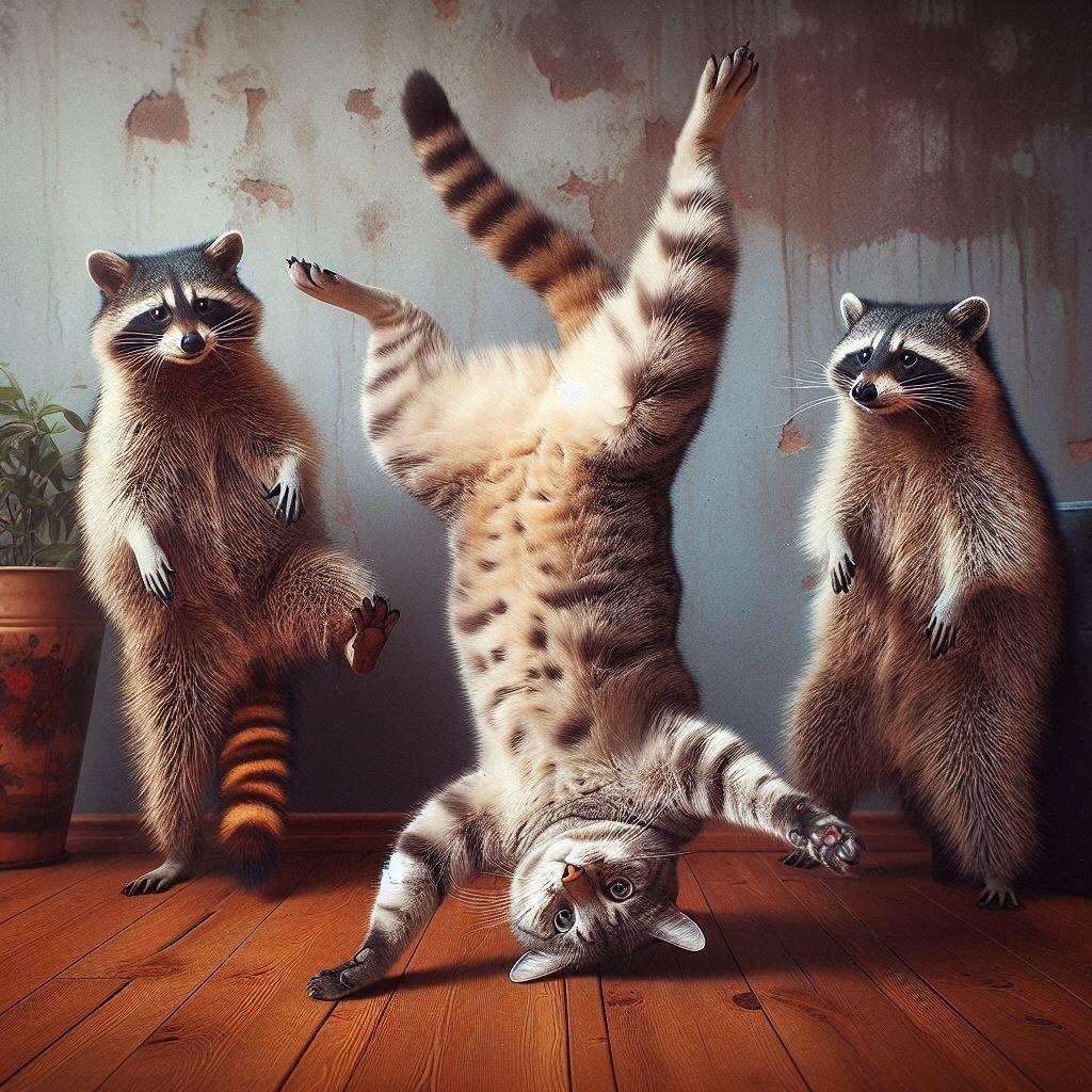 アライグマに絡まれる猫