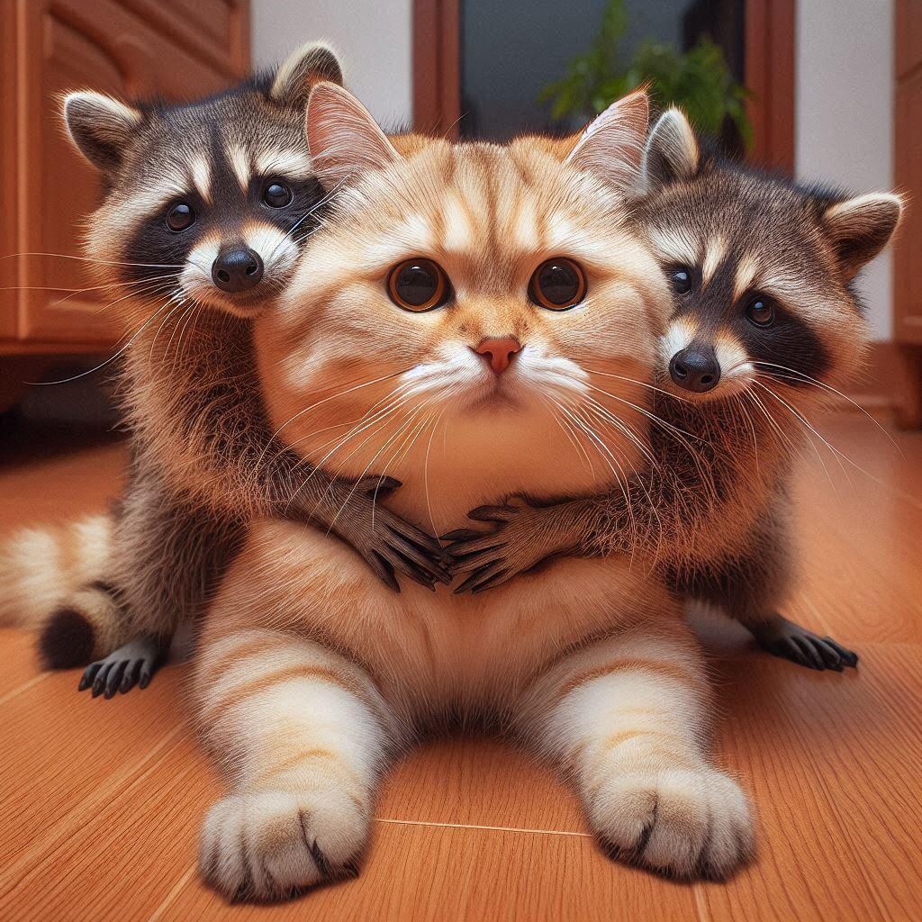 アライグマに絡まれる猫