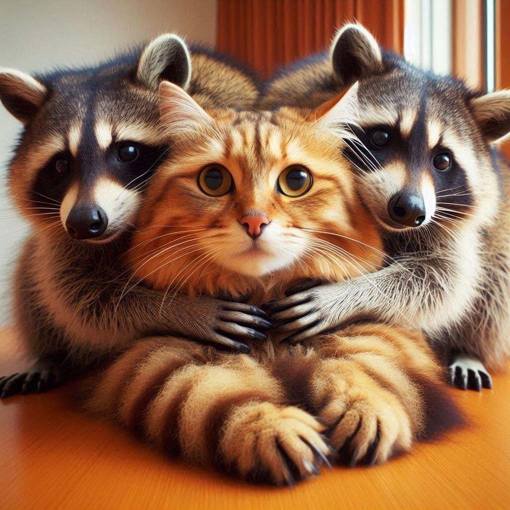 アライグマに絡まれる猫