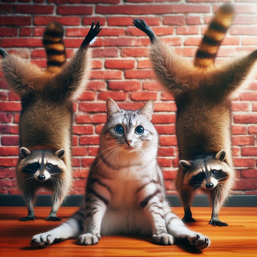 アライグマに絡まれる猫