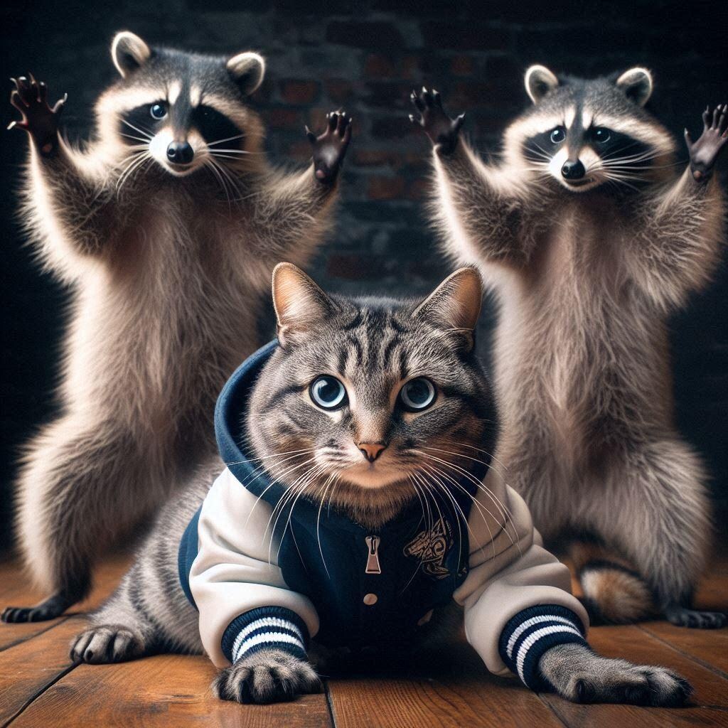 アライグマに絡まれる猫