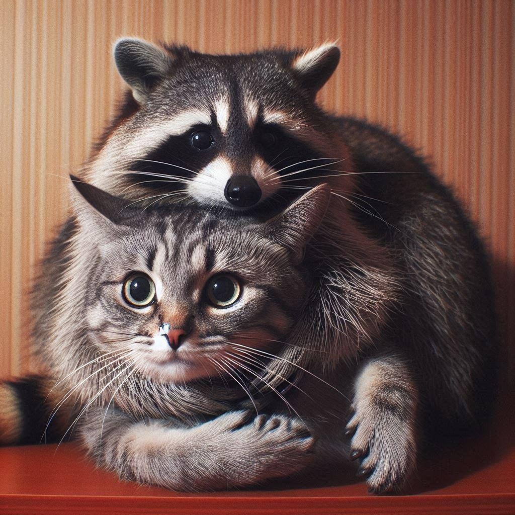 アライグマに絡まれる猫