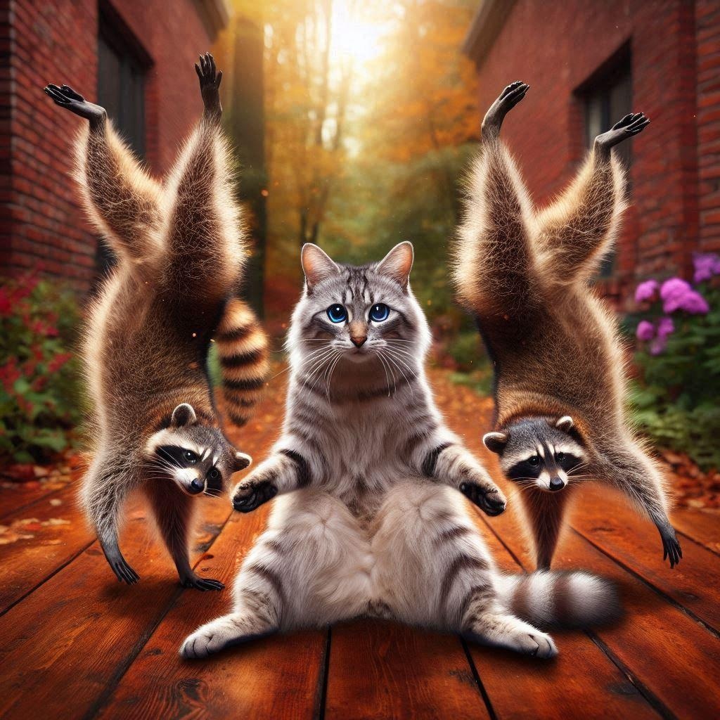 アライグマに絡まれる猫