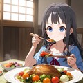 夏 祖父母の家での夕食どきの小さな女の子 3枚目