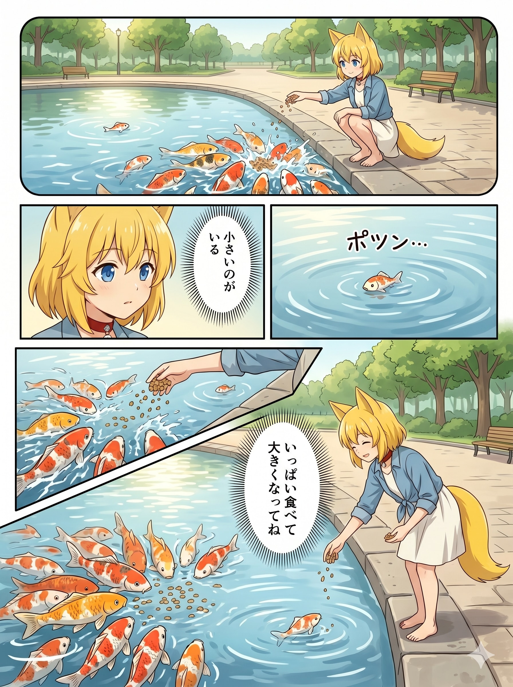 集団の輪に入れないコイさんに親近感を覚えるキツネ