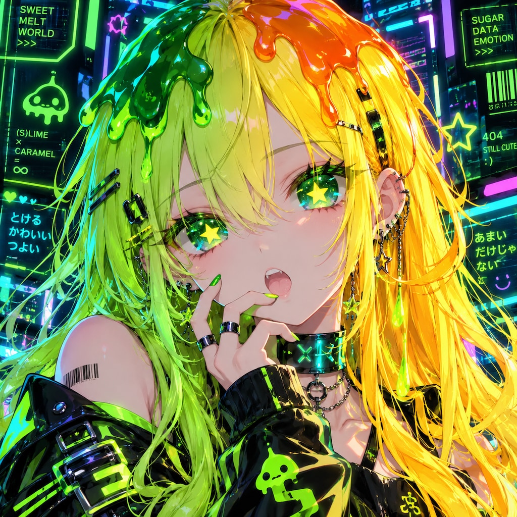 サイバーチックな頭にカラメルがかかったツートンカラーの女の子
