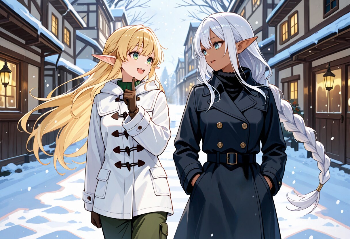 儀式後に二人並んで帰り道を歩くエルフ魔女さんとダークエルフさん | の人気AIイラスト・グラビア