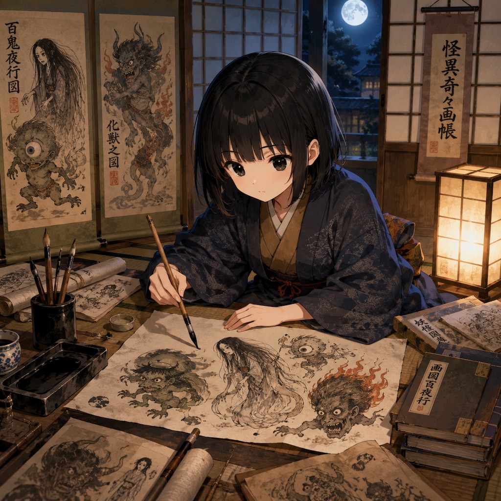 妖怪画と女の子