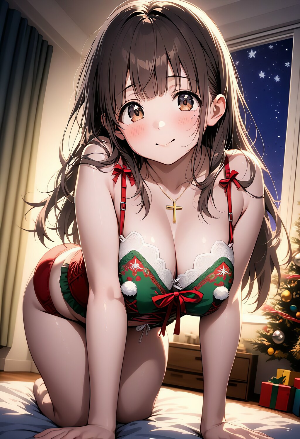 クリスマス仕様のベッドの上で