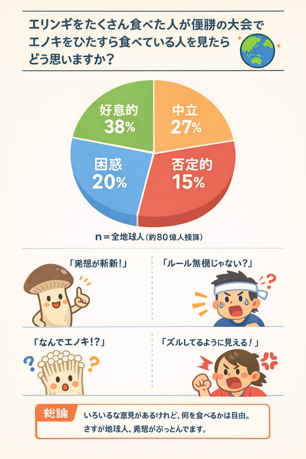 エリンギをたくさん食べた人が優勝の大会でエノキをひたすら食べている人を見たらどう思いますか？アンケート結果発表！