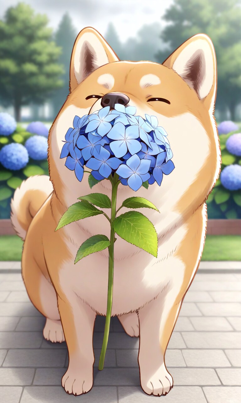 紫陽花と柴犬