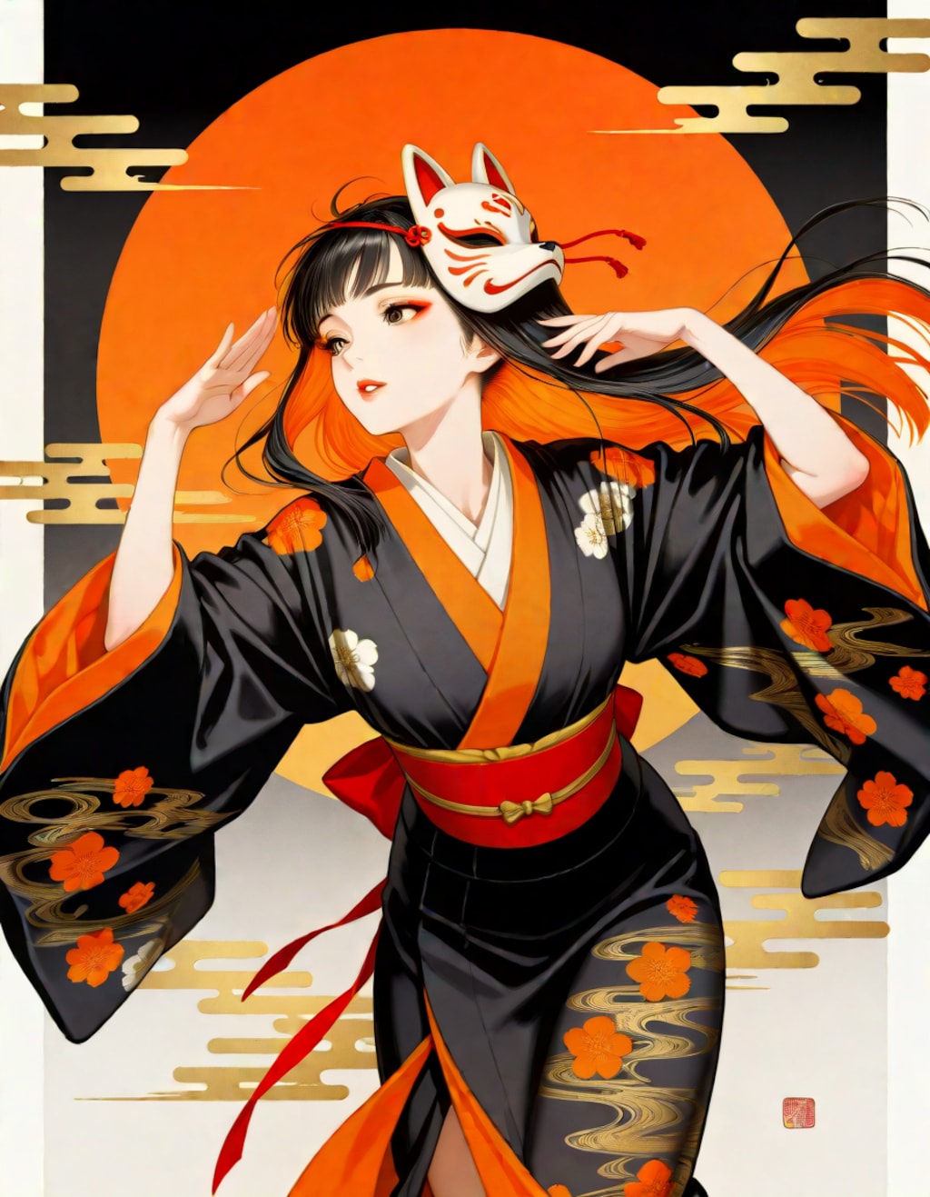 着物と狐のお面